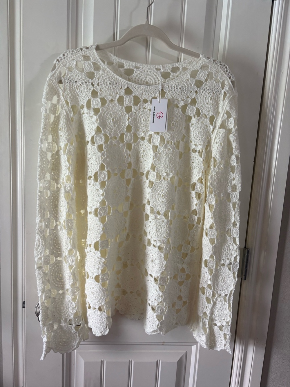 Women’s Ivory Crochet Long-Sleeve Pullover Sweater - Brand: